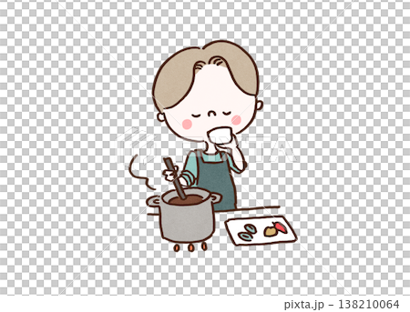 キッチンでスパイスカレーを作りながら味見をして喜ぶ男性のイラスト(料理・趣味) キッチンでスパイスカレーを作りながら味見をして喜ぶ男性のイラスト(料理・趣味) 138210064