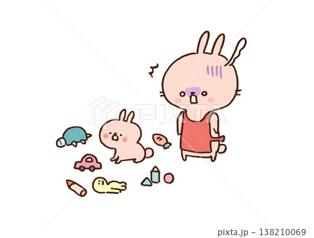 子ウサギが散らかした子供部屋を見て愕然とする親ウサギのイラスト（育児疲れ・お片付け） 138210069