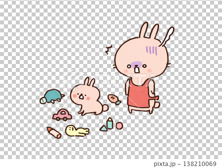 子ウサギが散らかした子供部屋を見て愕然とする親ウサギのイラスト（育児疲れ・お片付け） 138210069