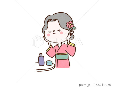 着物を着て化粧水やクリームでスキンケアをする女性のイラスト(J-Beauty・日本の美容) 着物を着て化粧水やクリームでスキンケアをする女性のイラスト(J-Beauty・日本の美容) 138210070