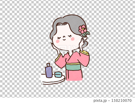 着物を着て化粧水やクリームでスキンケアをする女性のイラスト(J-Beauty・日本の美容) 着物を着て化粧水やクリームでスキンケアをする女性のイラスト(J-Beauty・日本の美容) 138210070