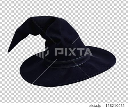 Classic pointed black witch hat with curved tip and wide brim isolated on transparent background Classic pointed black witch hat with curved tip and wide brim isolated on transparent background 138210083