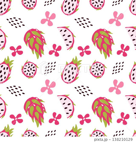 Vector pattern of dragon fruit on a light background. Exotic fruit, Pitahaya, fabric, pattern 138210129