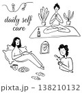 Vector illustration of girls taking care of their mental health in doodle style. Self-care, Harmony 138210132
