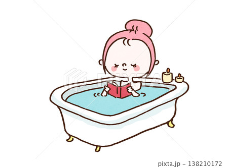 お風呂で湯船に浸かりながらゆったりと読書をしてリラックスする女性のイラスト（バスタイム・温活） 138210172