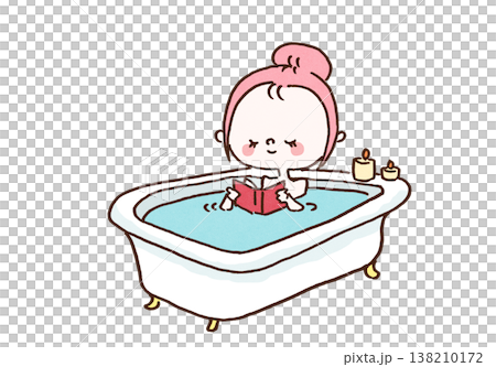 お風呂で湯船に浸かりながらゆったりと読書をしてリラックスする女性のイラスト（バスタイム・温活） 138210172