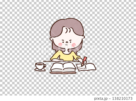 插圖描繪了一位女士在咖啡館裡認真學習,她攤開著筆記本和教科書(自我提升/資格認證)。 插圖描繪了一位女士在咖啡館裡認真學習,她攤開著筆記本和教科書(自我提升/資格認證)。 138210173