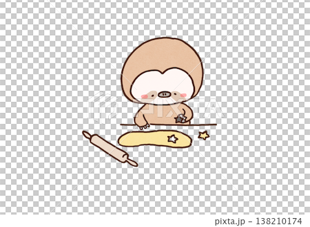 An illustration of a sloth happily cutting out star-shaped cookies from dough (baking, staying at home) An illustration of a sloth happily cutting out star-shaped cookies from dough (baking, staying at home) 138210174