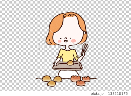 パン屋さんでトングとトレイを持ってワクワクしながらパンを選ぶ女性のイラスト(日常・お買い物) パン屋さんでトングとトレイを持ってワクワクしながらパンを選ぶ女性のイラスト(日常・お買い物) 138210176
