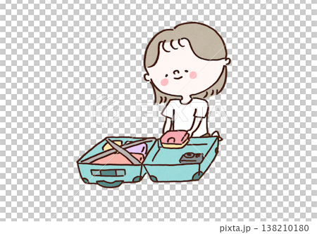 一位女士興奮地收拾行李準備旅行的插圖（旅行準備，度假）。 138210180