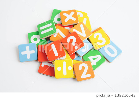 Number wood block cubes for learning Mathematic, education math. 138210345