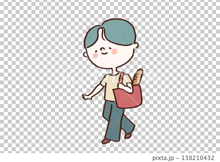 An illustration of a man walking home from shopping, carrying a tote bag containing a baguette (Lifestyle, Holiday, Daily Life) 138210432