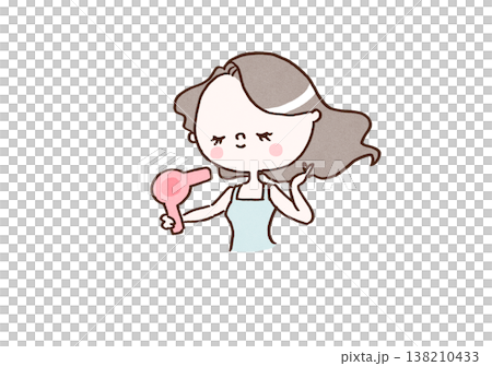 An illustration of a woman drying her beautiful hair with a hairdryer after a bath (hair care, beauty, self-care) 138210433