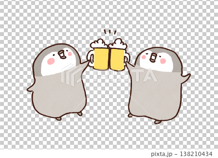 兩隻友善的企鵝手裡拿著啤酒碰杯的插圖（飲酒聚會、盛宴、慶祝活動） 138210434