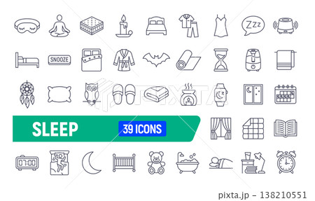 Sleep relax line icon set. Body exercise sleep stress balance mood care pictogram bed Sleep relax line icon set. Body exercise sleep stress balance mood care pictogram bed 138210551