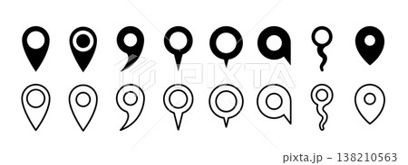 Black vector map pin location. Marker badge city pictogram isolated pin icon 138210563