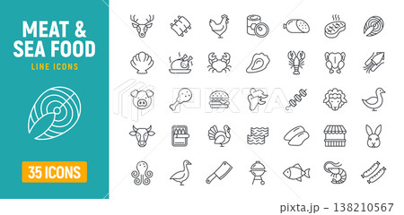 Meat and sea food line icon set. Lobster squid beef and chicken seafood pictogram symbol. Meat 138210567