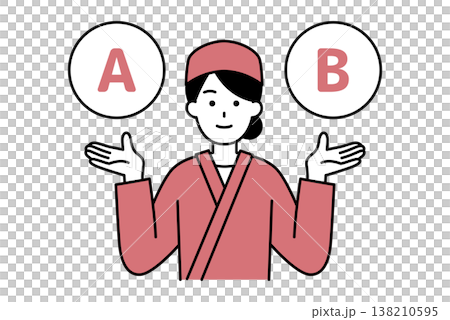 A female employee at a Japanese restaurant offers two options, A and B. 138210595