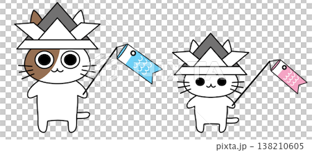 兜をかぶった兄妹の猫と鯉のぼりのかわいいイラスト 子どもの日のフラットベクター素材 138210605