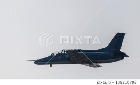 Military jet aircraft flying against a clear sky during an aerial aviation display Military jet aircraft flying against a clear sky during an aerial aviation display 138210798