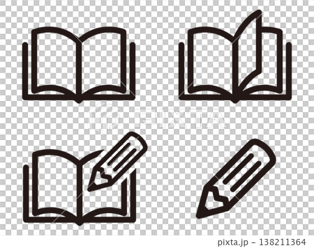 一組打開的書和一支筆的圖示。 138211364