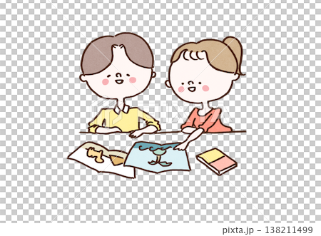 テーブルで旅行ガイドブックを広げて楽しそうに旅の計画を立てるカップル(男女)のイラスト テーブルで旅行ガイドブックを広げて楽しそうに旅の計画を立てるカップル(男女)のイラスト 138211499