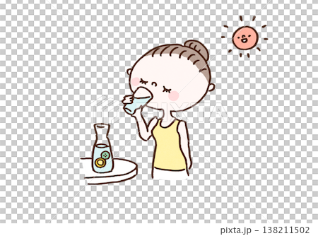 一幅插圖,描繪了一位女士在晨光中喝一杯排毒水(檸檬水)(健康/美容)。 一幅插圖,描繪了一位女士在晨光中喝一杯排毒水(檸檬水)(健康/美容)。 138211502
