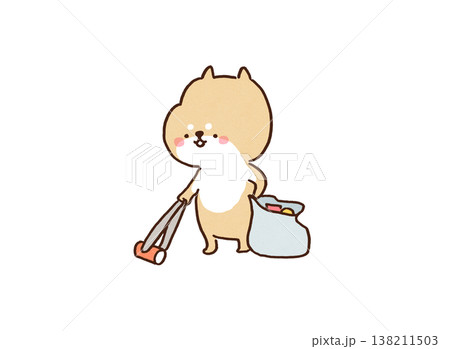 町でトングとゴミ袋を持ってボランティアのゴミ拾いをする柴犬のイラスト（エコ・SDGs・クリーン活動） 138211503