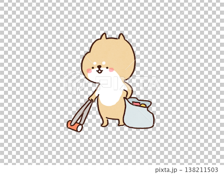町でトングとゴミ袋を持ってボランティアのゴミ拾いをする柴犬のイラスト（エコ・SDGs・クリーン活動） 138211503