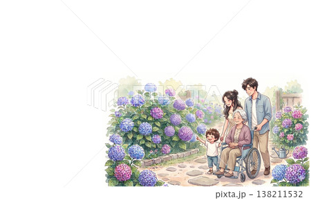 介護 高齢者 家族 車椅子 散歩 紫陽花 初夏 庭 屋外 福祉 サポート 138211532
