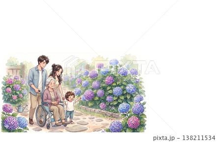 介護 高齢者 家族 車椅子 散歩 紫陽花 初夏 庭 屋外 福祉 サポート 138211534