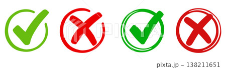 Hand drawn colored checkmark, crossmark symbol 138211651