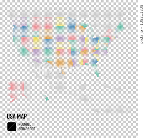 World map (coarse dot pattern): United States, grouped by state. World map (coarse dot pattern): United States, grouped by state. 138211838