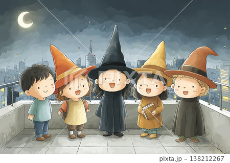 夜の屋上に並ぶ5人の魔法使いのイラスト 夜の屋上に並ぶ5人の魔法使いのイラスト 138212267