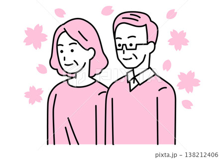 舞い散る桜とまっすぐ前を向いている年配の男女 138212406