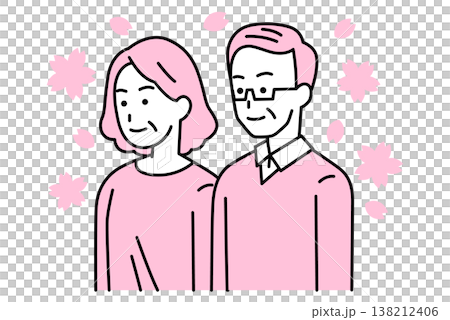 舞い散る桜とまっすぐ前を向いている年配の男女 138212406