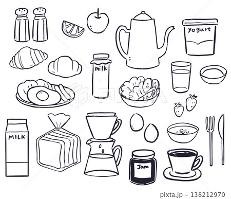 手書き風の朝ごはんイラストセット　シンプルな線画 138212970