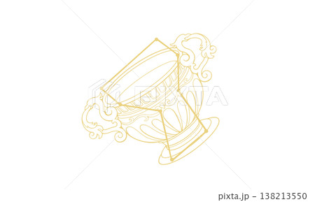 コップ座の線画イラスト（ゴールド色でコップの絵と星座線、線のみで塗りなし） 138213550