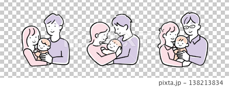 一組插圖,描繪了一位家長和孩子抱著一個嬰兒,色彩柔和簡潔,表情各異(喜悅)。 一組插圖,描繪了一位家長和孩子抱著一個嬰兒,色彩柔和簡潔,表情各異(喜悅)。 138213834