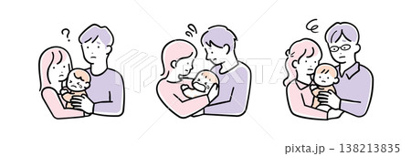 優しいシンプルカラーの赤ちゃんを抱っこする親子のイラストセット 表情違い（困る） 138213835