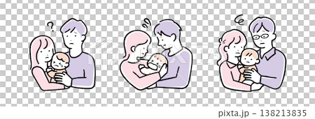 優しいシンプルカラーの赤ちゃんを抱っこする親子のイラストセット 表情違い（困る） 138213835