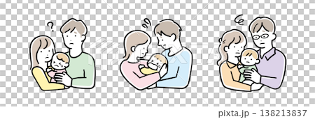 A set of illustrations of a parent and child holding a baby in bright pastel colors, with different expressions (including a worried look). A set of illustrations of a parent and child holding a baby in bright pastel colors, with different expressions (including a worried look). 138213837