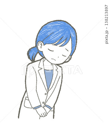 頭を下げる白衣姿の医療関係者の女性の手書きイラスト素材 頭を下げる白衣姿の医療関係者の女性の手書きイラスト素材 138213897
