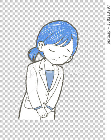 頭を下げる白衣姿の医療関係者の女性の手書きイラスト素材 138213897