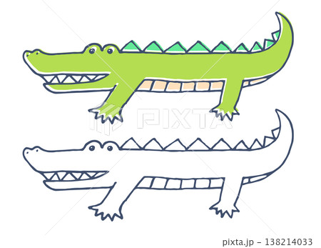 かわいいワニの線画ベタ塗りイラストセット|手描き風どうぶつ素材 かわいいワニの線画ベタ塗りイラストセット|手描き風どうぶつ素材 138214033