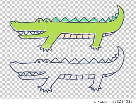 かわいいワニの線画ベタ塗りイラストセット|手描き風どうぶつ素材 かわいいワニの線画ベタ塗りイラストセット|手描き風どうぶつ素材 138214033