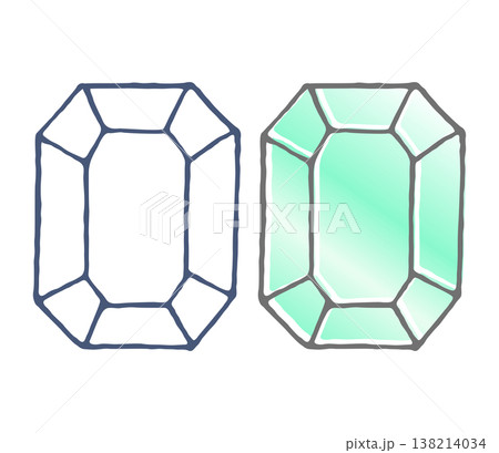 宝石の線画ベタ塗りイラストセット｜エメラルドカット風ジュエリー素材 138214034