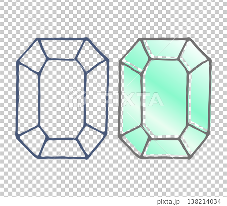 宝石の線画ベタ塗りイラストセット｜エメラルドカット風ジュエリー素材 138214034