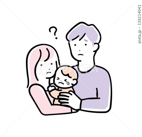 優しいシンプルカラーの赤ちゃんを抱っこして困る親子のイラスト 育児の悩み パパとママ 優しいシンプルカラーの赤ちゃんを抱っこして困る親子のイラスト 育児の悩み パパとママ 138214041