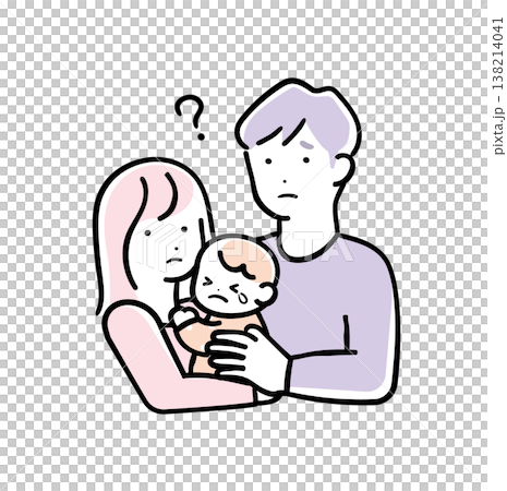 優しいシンプルカラーの赤ちゃんを抱っこして困る親子のイラスト 育児の悩み パパとママ 優しいシンプルカラーの赤ちゃんを抱っこして困る親子のイラスト 育児の悩み パパとママ 138214041